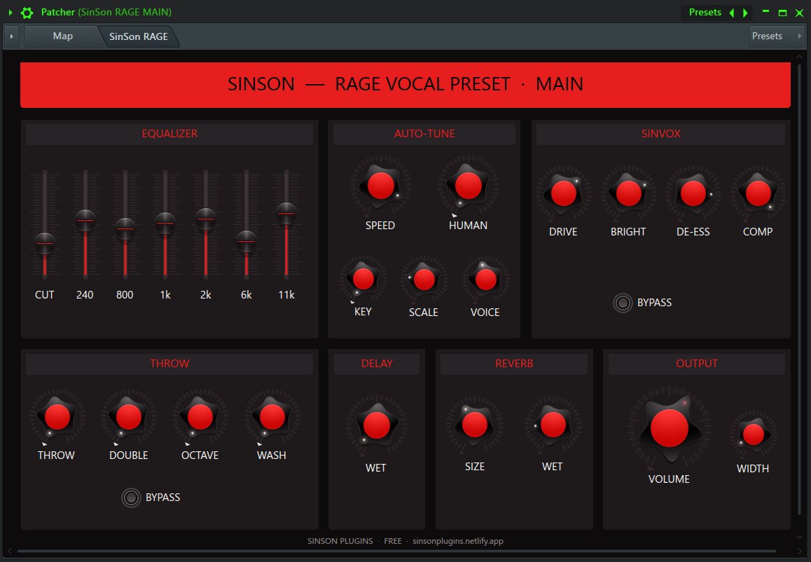 SinSon RAGE preset control panel in FL Studio Patcher